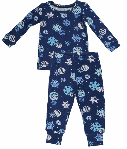 The Angel Dear Long Sleeve Loungewear Set by Angel Dear features a blue long-sleeve top and pants adorned with a winter-themed pattern of snowflakes and snowballs, making it perfect for sensitive skin.