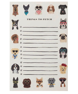 The Dog Days Notepad by Rifle Paper Co. features a playful to-do list with tear-off sheets, bordered by illustrated dog breeds in sunglasses and accessories for a fun daily checklist.
