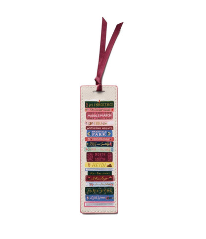 The Bookmark Collection by Rifle Paper Co. features a rectangular illustrated bookmark with a maroon grosgrain ribbon and classic book spine prints, showcasing titles like "Middlemarch," "Wuthering Heights," and "Heidi.