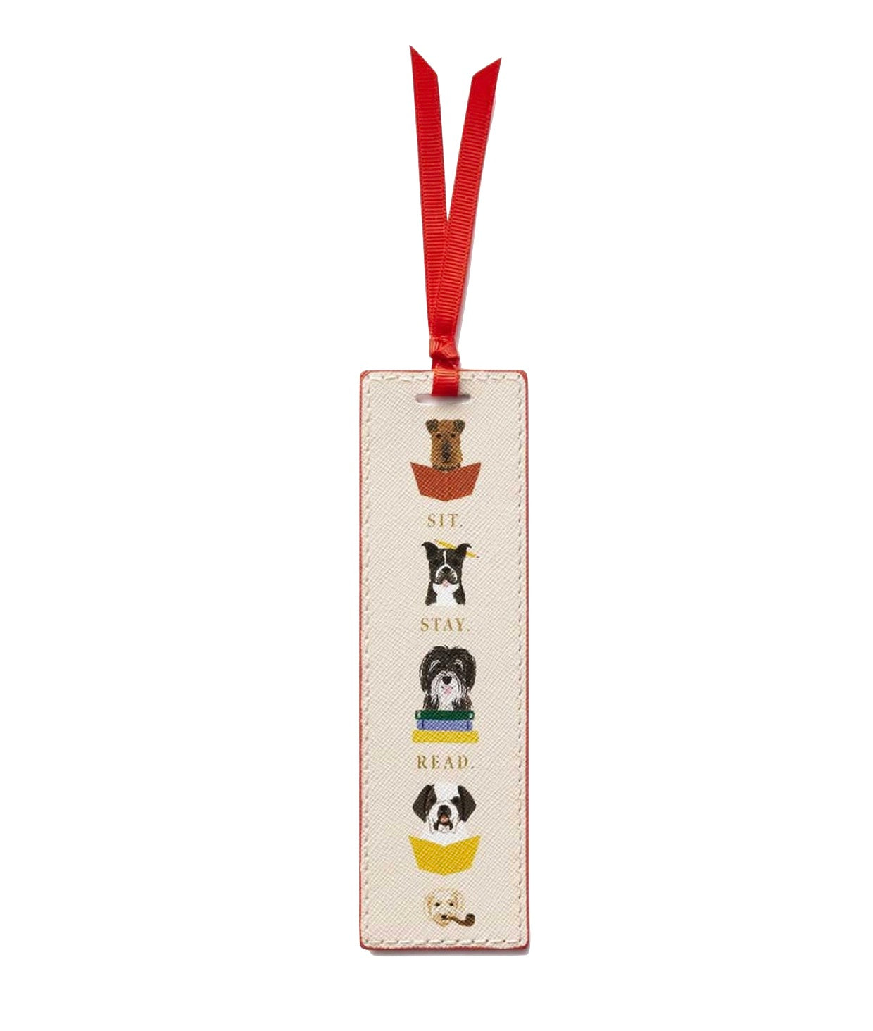 From Rifle Paper Co.'s Bookmark Collection, this cream-colored illustrated bookmark features four dogs in baskets, a red grosgrain ribbon, and the phrase "Sit. Stay. Read.