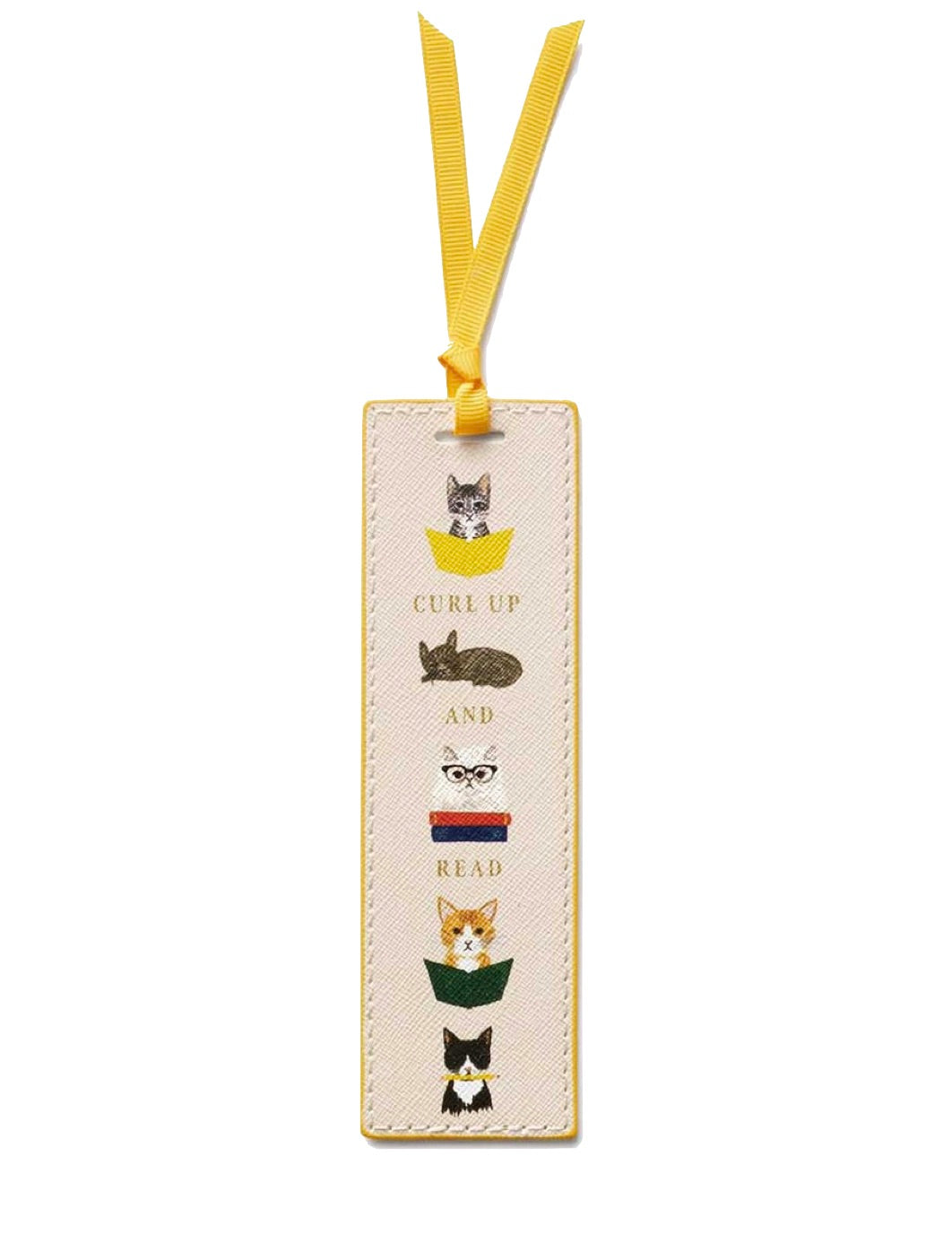 The Rifle Paper Co. Bookmark Collection features a whimsical rectangular illustrated bookmark with charming cats, books, the phrase "Curl up and read" in the center, and a yellow grosgrain ribbon.