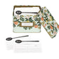 The Citrus Recipe Tin and Market Pad Collection by Rifle Paper Co. features a stylish tin with labeled recipe cards and two blank cards in front—perfect for kitchen organization.