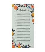 The Rifle Paper Co. Citrus Recipe Tin and Market Pad Collection features a decorative magnetic pad with floral and fruit edges, ideal for kitchen organization with blank lines to list groceries.
