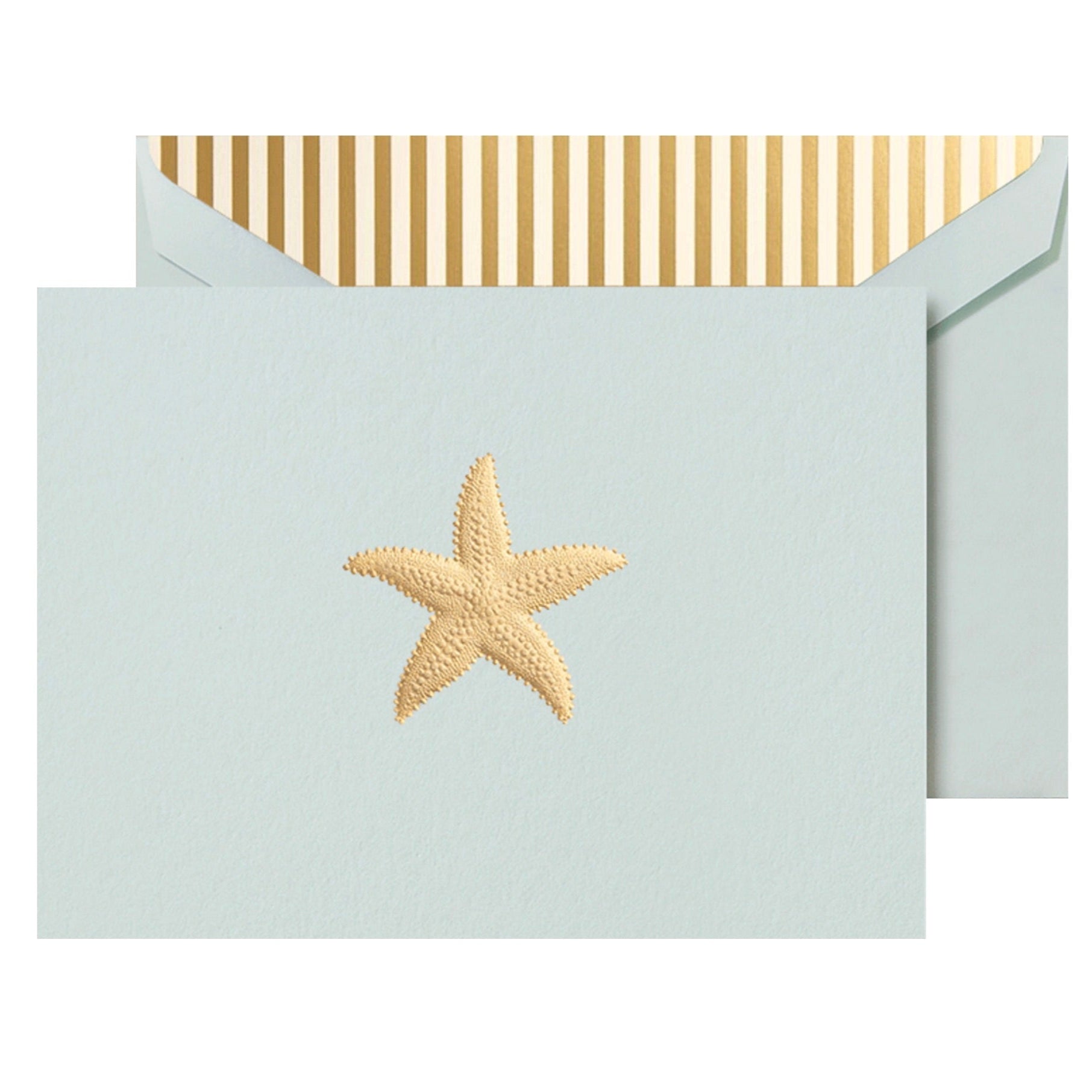 The Gold Starfish Classic Card Set by Crane features a gold starfish design on light blue Beach Glass paper, paired with envelopes lined in gold and white vertical stripes.