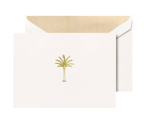 The Crane Palm Tree Classic Card Set, crafted on all-cotton paper, features a gold-embossed palm tree and includes matching white envelopes lined with gold stripes.