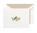 The Crane Love Bird Card Set features pearl white folded notes with two brown birds on branches, paired with matching envelopes and striped liners—crafted from premium cotton paper.