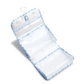The TRVL Design Luxe Gloss All Heart Blue Travel Set features blue and white trim, three clear zippered compartments, and a hanging hook—perfect for your travel accessories collection.