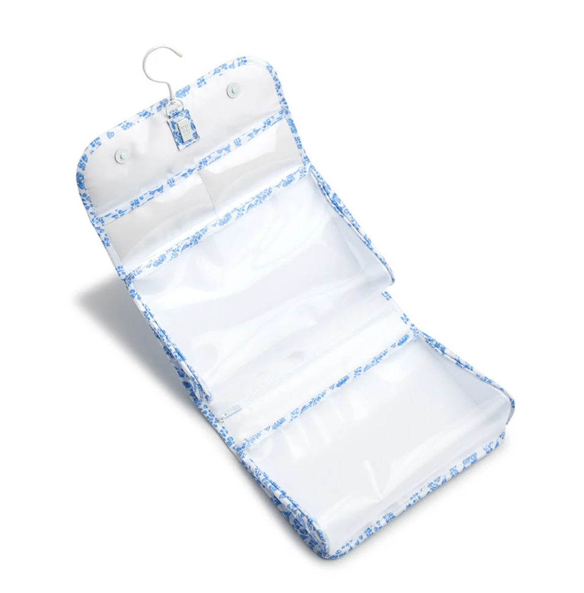 The TRVL Design Luxe Gloss All Heart Blue Travel Set features blue and white trim, three clear zippered compartments, and a hanging hook—perfect for your travel accessories collection.