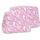 The TRVL Design Luxe Gloss All Heart Travel Set in Kelly Pink features two zippered rectangular pouches with pink heart and leaf patterns—ideal as cosmetic or wash bags for travel accessories.