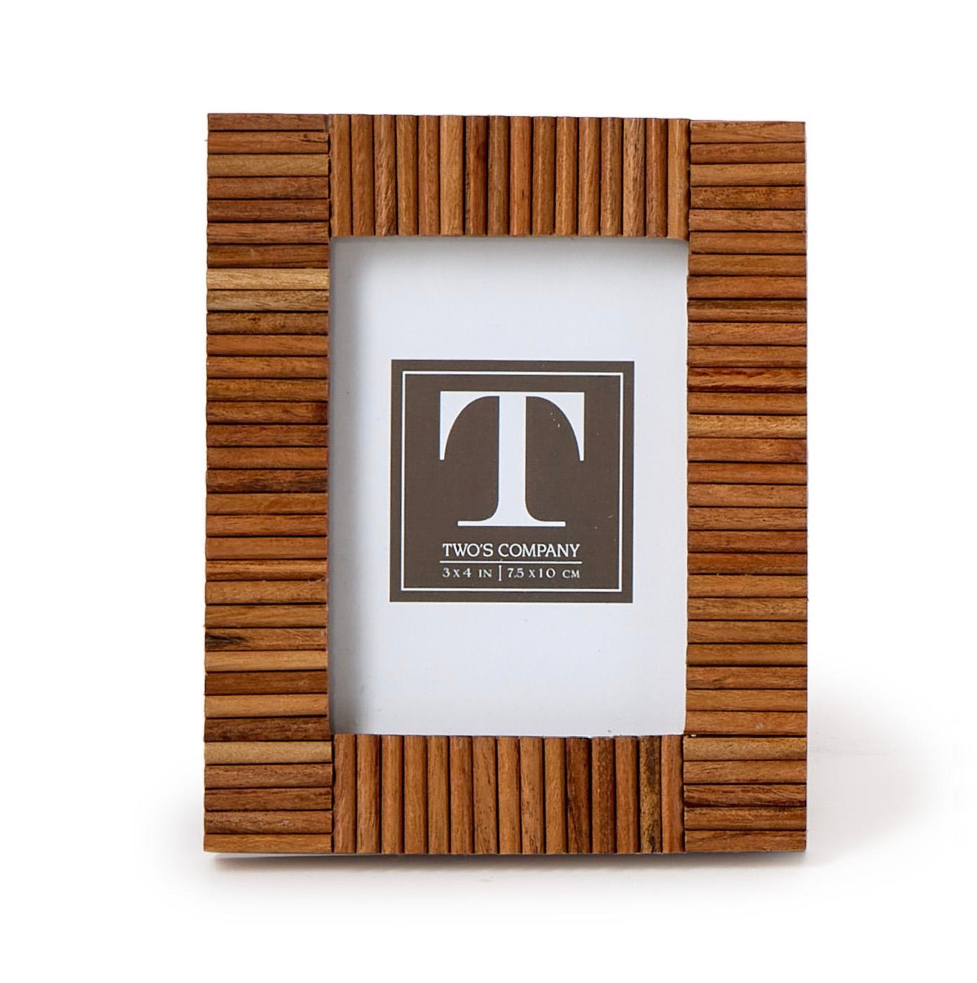 The Stacks Mini Frame Collection by Two's Company features a handcrafted Mango Wood photo frame with vertical grooves, a "T" insert placeholder, and 3x4 inch (7.5 x 10 cm) dimensions.