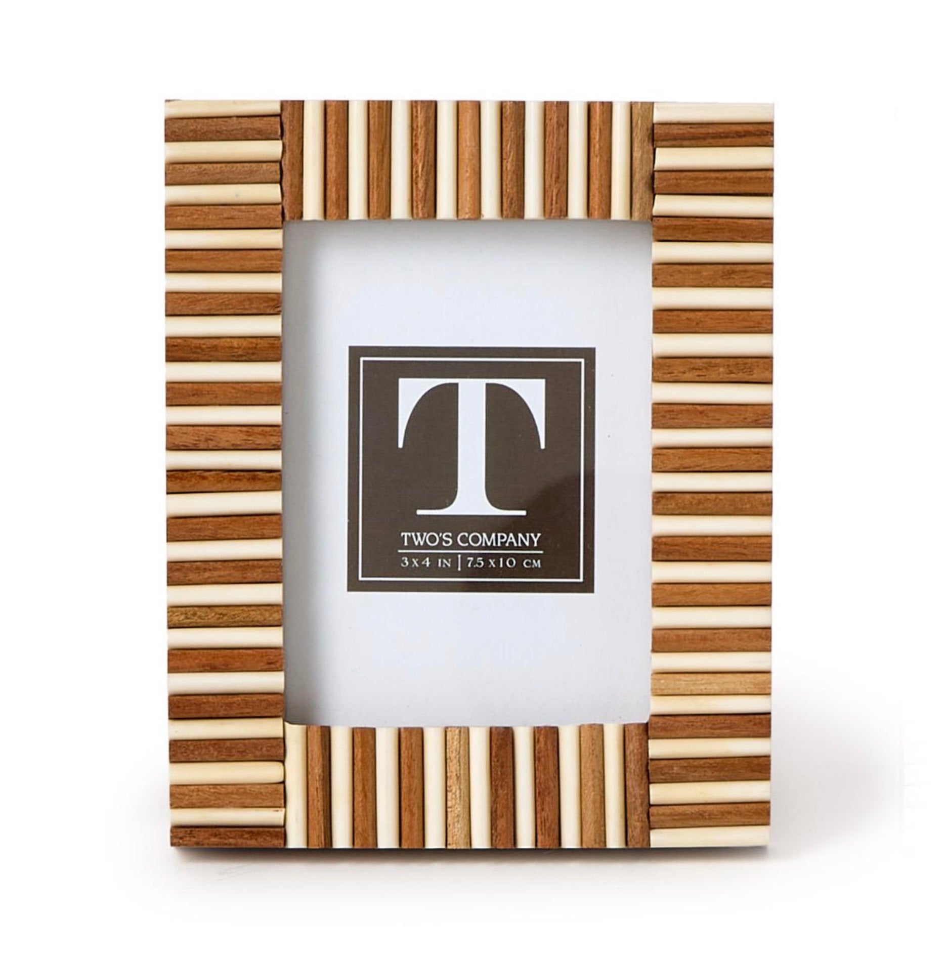 The Stacks Mini Frame Collection by Two's Company features a rectangular photo frame handcrafted from quality mango wood with alternating light and dark wood strips, and comes with a placeholder image pre-inserted.