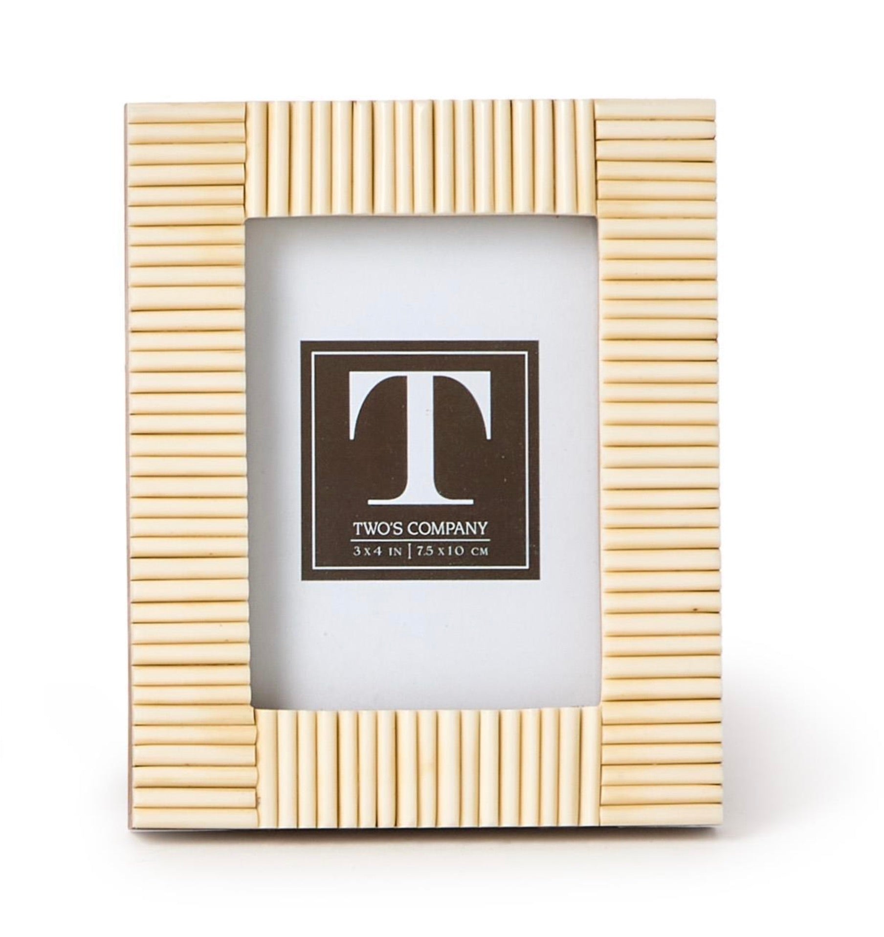 The Stacks Mini Frame Collection by Two's Company features a rectangular beige mango wood frame with a ribbed texture, displaying a "Two's Company 3 x 4 in | 7.5 x 10 cm" placeholder—perfect for mini photo collections.