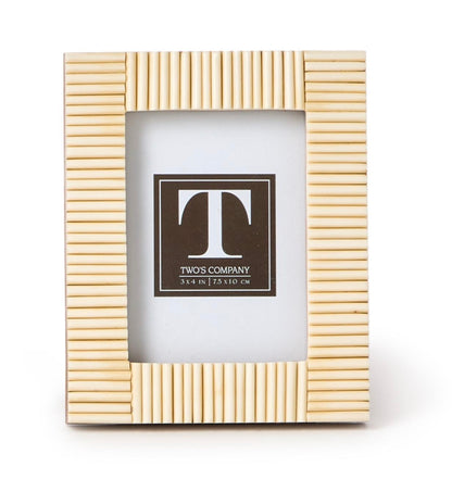 The Stacks Mini Frame Collection by Two's Company features a rectangular beige mango wood frame with a ribbed texture, displaying a "Two's Company 3 x 4 in | 7.5 x 10 cm" placeholder—perfect for mini photo collections.