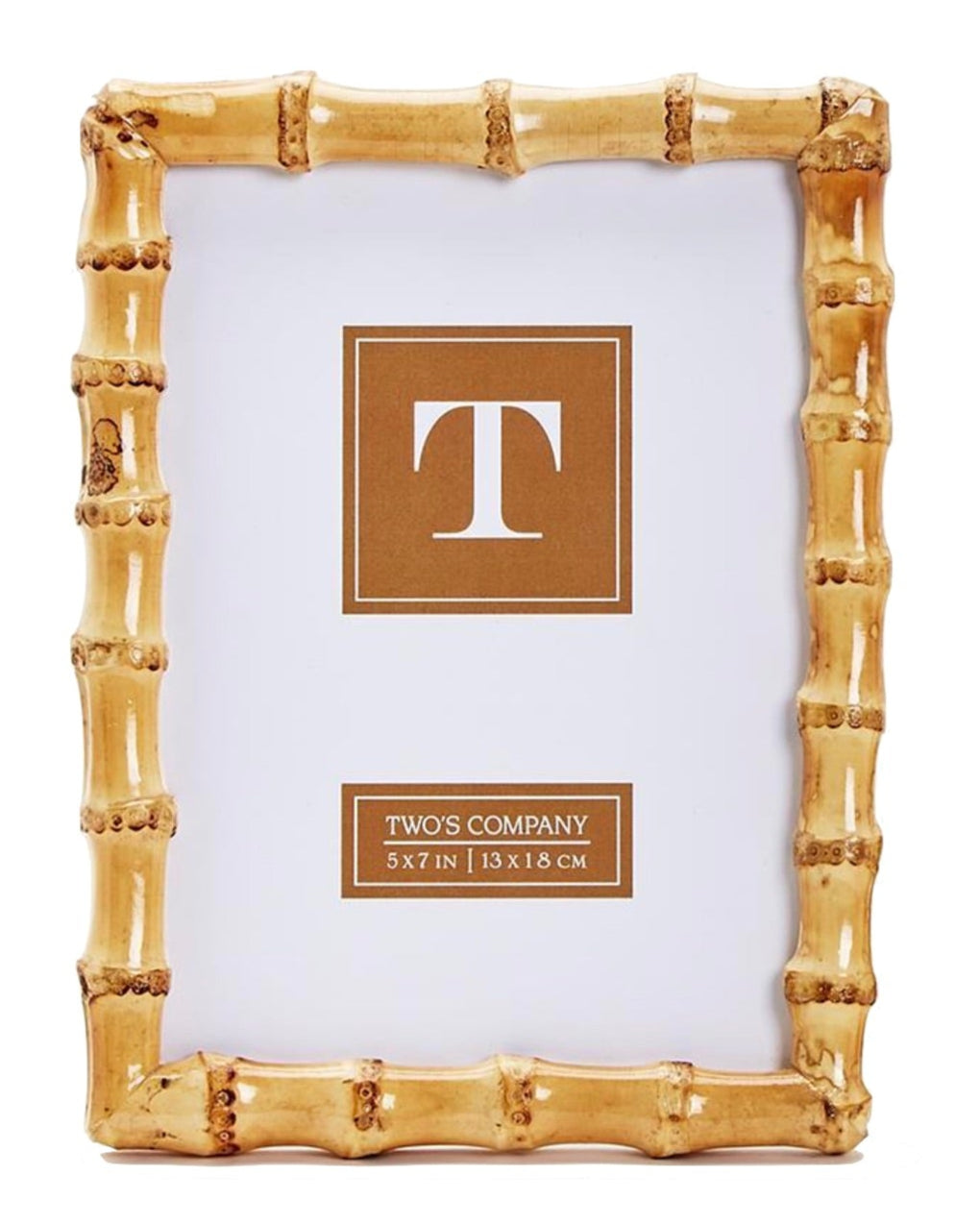 The Bamboo Natural Frame Collection by Two's Company features a timeless rectangular 5x7" photo frame with an eco-friendly bamboo-style design, a gold finish, and a "T" placeholder insert.