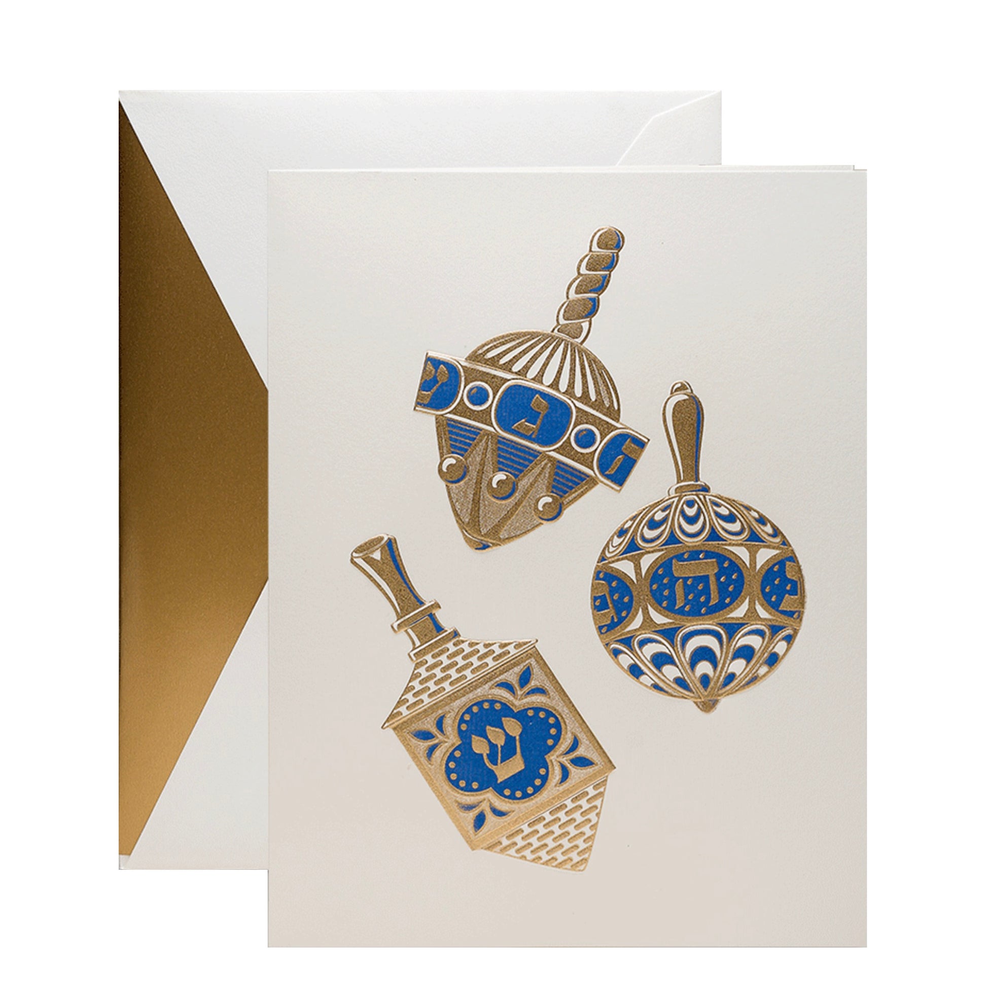 The Crane Engraved Spinning Dreidels Box Set includes Hanukkah cards with gold and blue dreidels on pearl white cardstock, paired with matching white envelopes lined in gold.