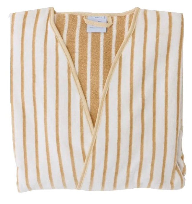A front view of the Weezie Towels Short Plush Robe, featuring beige and white stripes, soft plush fabric, and a V-shaped neckline.