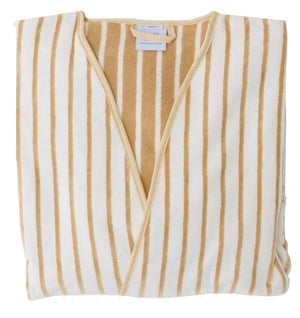 A front view of the Weezie Towels Short Plush Robe, featuring beige and white stripes, soft plush fabric, and a V-shaped neckline.