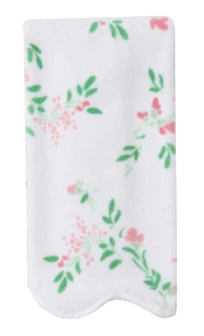 White hand towel from the Alice Floral Scallop Towel Collection by Weezie Towels, with soft, absorbent terry, green and pink floral print, and hand-finished scallop trim. Elegantly folded lengthwise.