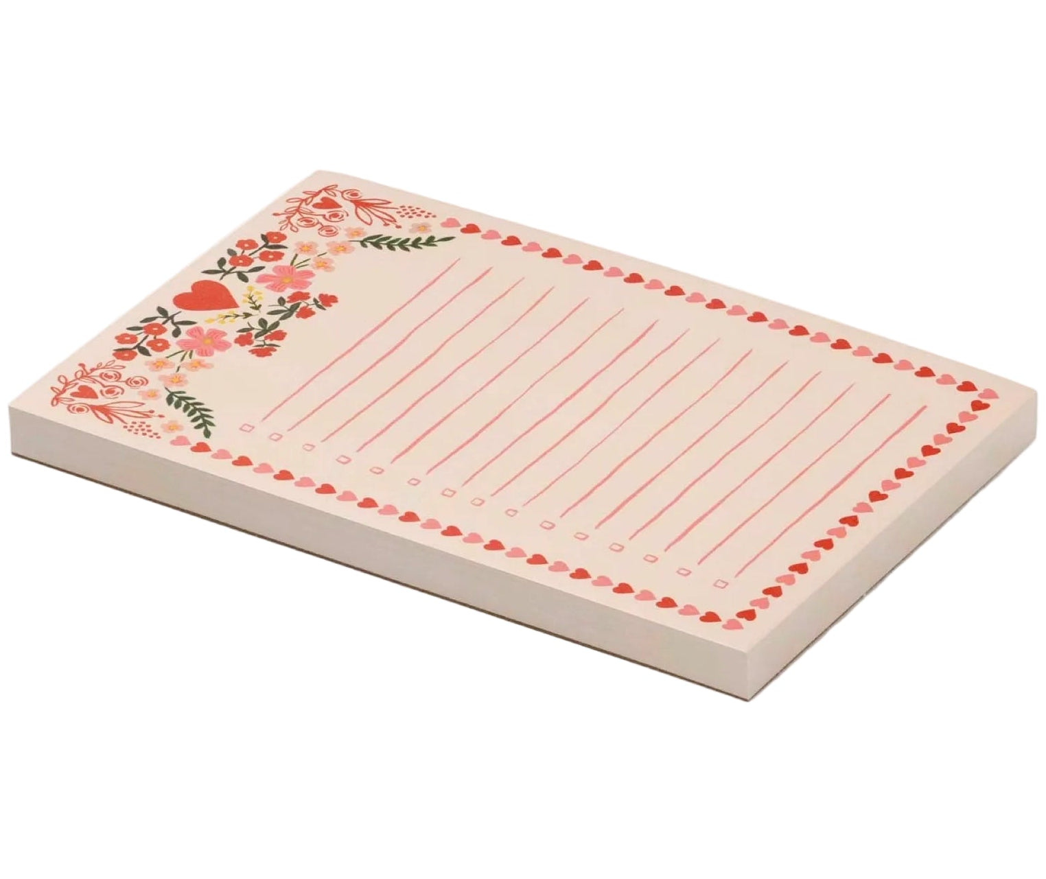 The Juliet Checklist Notepad by Rifle Paper Co. features a rectangular design with floral and heart accents, lined writing spaces, and checkboxes on each line.