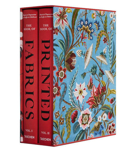 The hardcover book "The Book of Printed Fabrics" by Taschen explores the history of fabric printing with highlights from the Musée de l’Impression sur Étoffes, presented in a floral slipcase.
