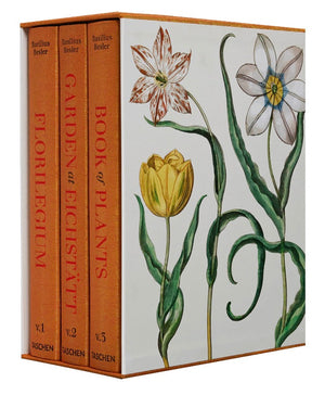 The Basilius Besler three-volume box set by Taschen features "Florilegium," "Garden at Eichstätt," and "Book of Plants," including a facsimile of Hortus Eystettensis, all with botanical illustrations and an illustrated floral case.