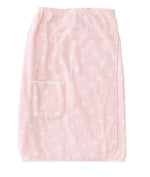 The Pink Hearts Towel Wrap by Weezie Towels features a light pink fabric with white heart patterns, a roomy pocket, white trim, and snap buttons along the top edge for a comfy, hands-free towel experience.