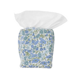 A white tissue peeks out from a box adorned with the Weezie Towels Poppy and Daisy Tissue Box Cover, adding stylish blue and green floral decor to your bathroom.