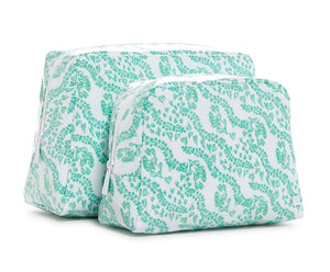 The TRVL Design Luxe Gloss Wash Bag Set Collection features two zippered cosmetic bags, one large and one small, with a green leafy pattern—perfect makeup organizers or travel wash bags for your essentials.