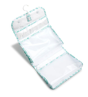The Luxe Gloss Hanging Toiletry Case Collection by TRVL Design is a foldable travel organizer featuring multiple clear pockets and a floral-patterned trim for easy access to your essentials on the go.