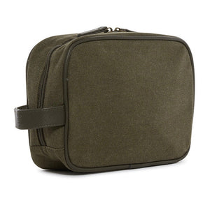 The TRVL Design Men's Dopp Kit Toiletry Bag Collection features a green, water-resistant bag with a handle.