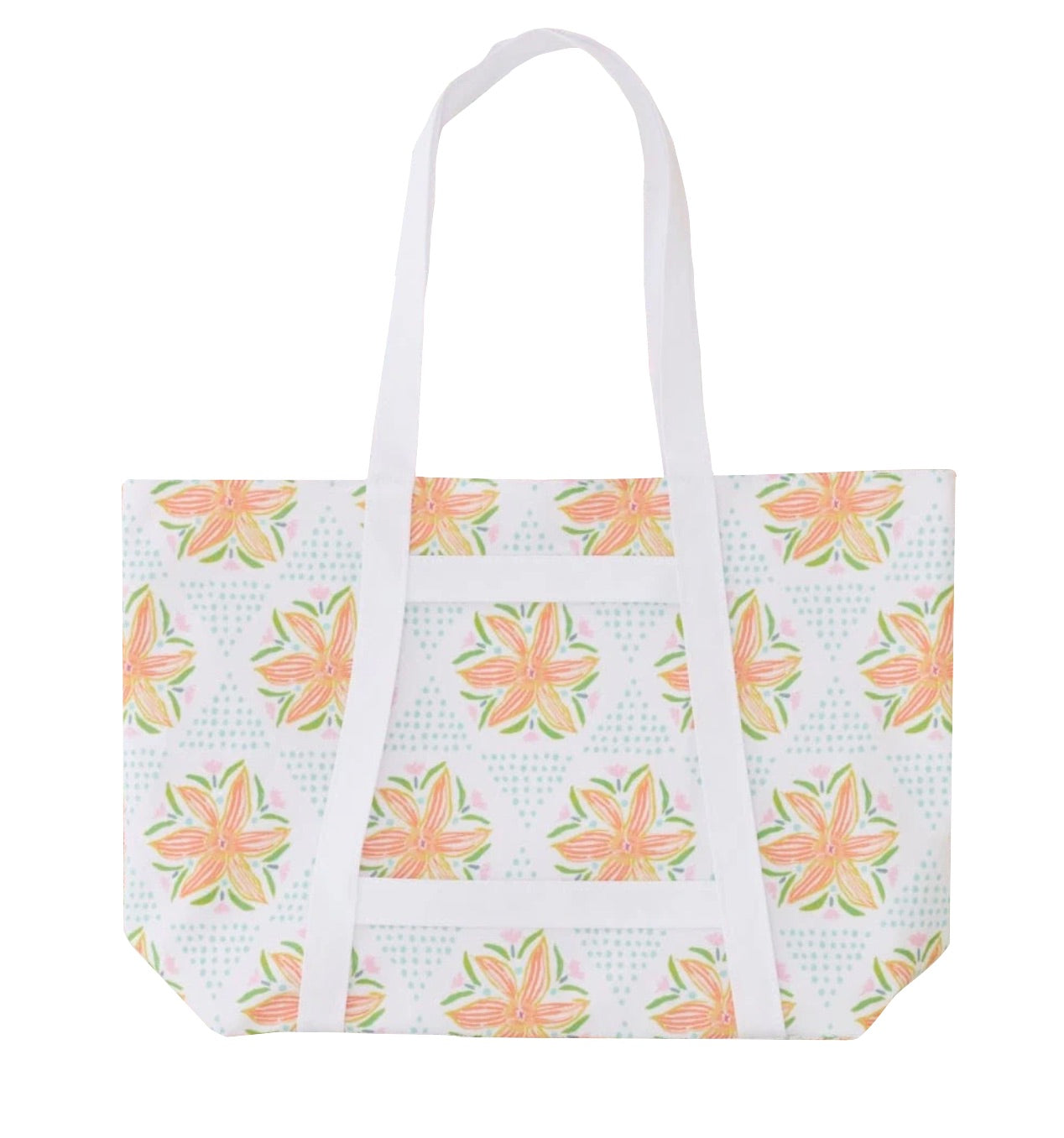 The Weezie x Lulie Wallace Beach Tote by Weezie Towels features long handles, a vibrant floral print with green leaves and blue dots, and a wipeable interior—ideal for easy cleaning after trips to the beach.