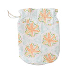 The Weezie x Lulie Wallace Wet Bag by Weezie Towels features a white drawstring design with pastel orange and green florals, light blue dots, and water-resistant lining—ideal for beach travel or storing wet swimsuits.