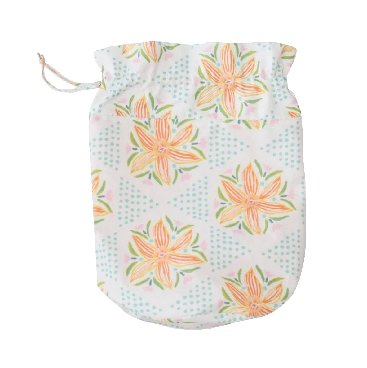 The Weezie x Lulie Wallace Wet Bag by Weezie Towels features a white drawstring design with pastel orange and green florals, light blue dots, and water-resistant lining—ideal for beach travel or storing wet swimsuits.