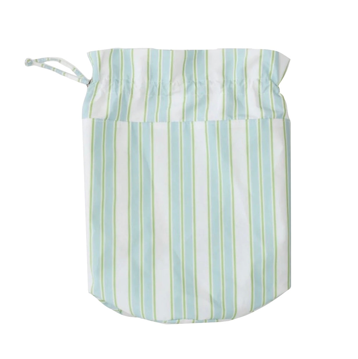 The Weezie x Lulie Wallace Wet Bag by Weezie Towels features water-resistant fabric with green and blue vertical stripes on white—ideal as a wet swimsuit bag for beach trips, pictured against a plain white background.
