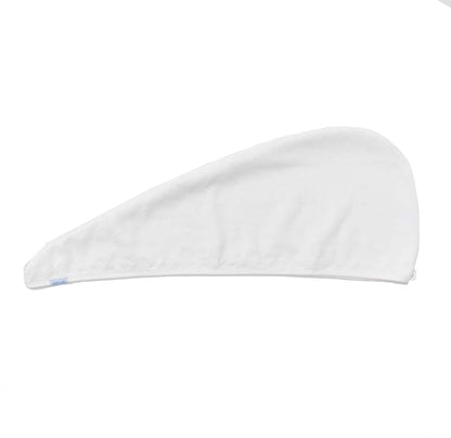 A white, triangular-shaped Hair Towel Wrap by Weezie Towels lies flat on a white background.