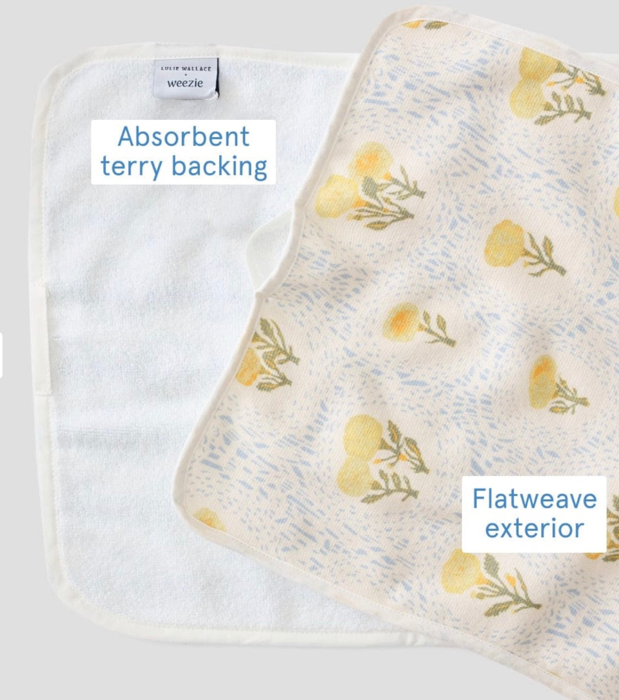The Weezie x Lulie Wallace Louisa Powder Towel by Weezie Towels features an absorbent white terry backing and a yellow floral flatweave exterior from the Lulie Wallace collaboration.