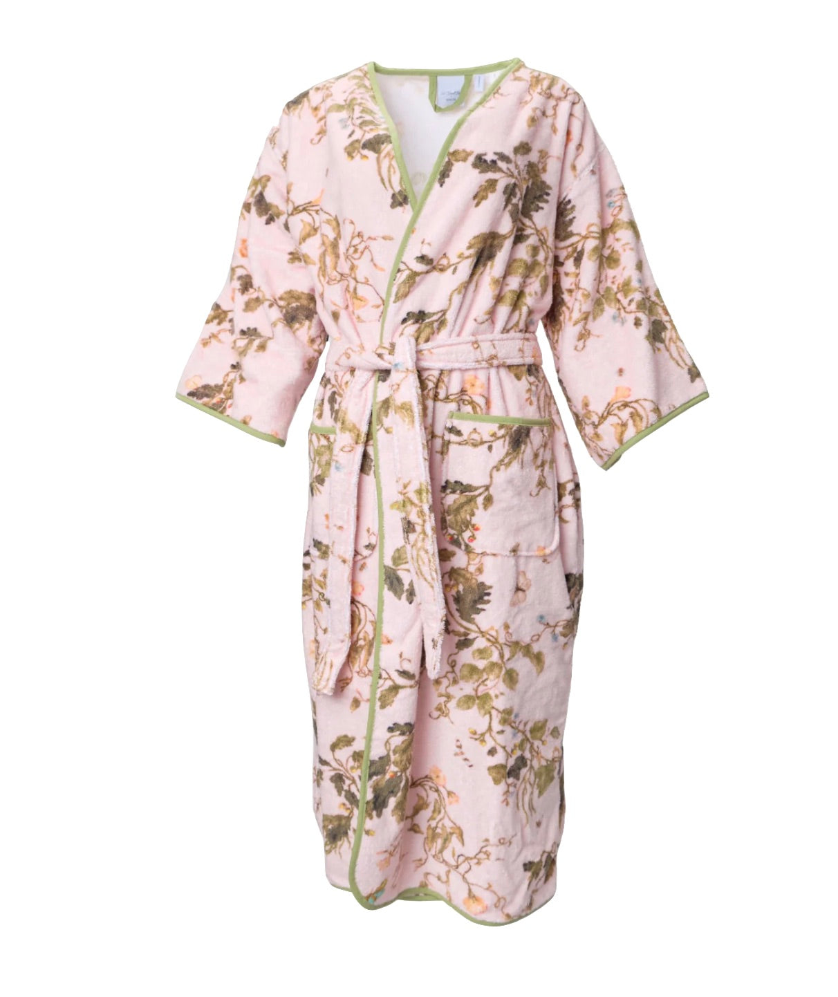 The Vivian Cherry Blossom Robe by Weezie Towels is a pink, floral-patterned velour robe with a belt and two front pockets, shown against a white background.