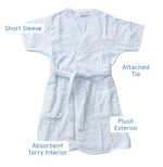 The Weezie Towels Short Plush Robe features a light blue pattern, short sleeves, attached tie, plush exterior, front pockets, and absorbent terry interior. Labels highlight each feature.