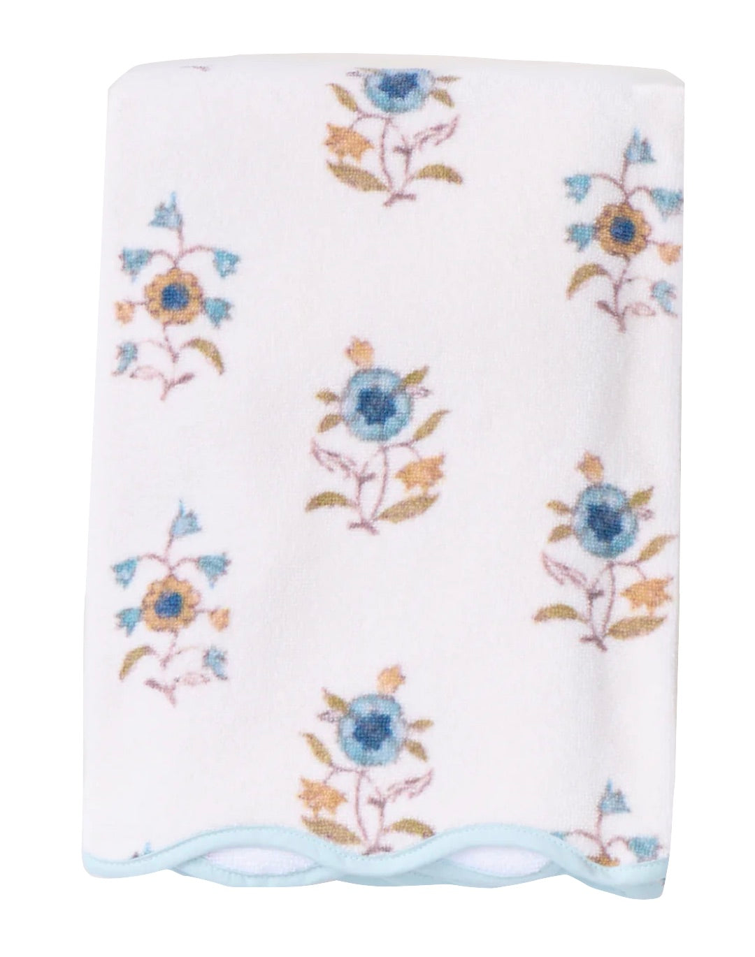 A folded white HIVE Home, Gift and Garden Floral Scallop Cora towel features blue and yellow floral patterns with a light blue scalloped trim along the edge.