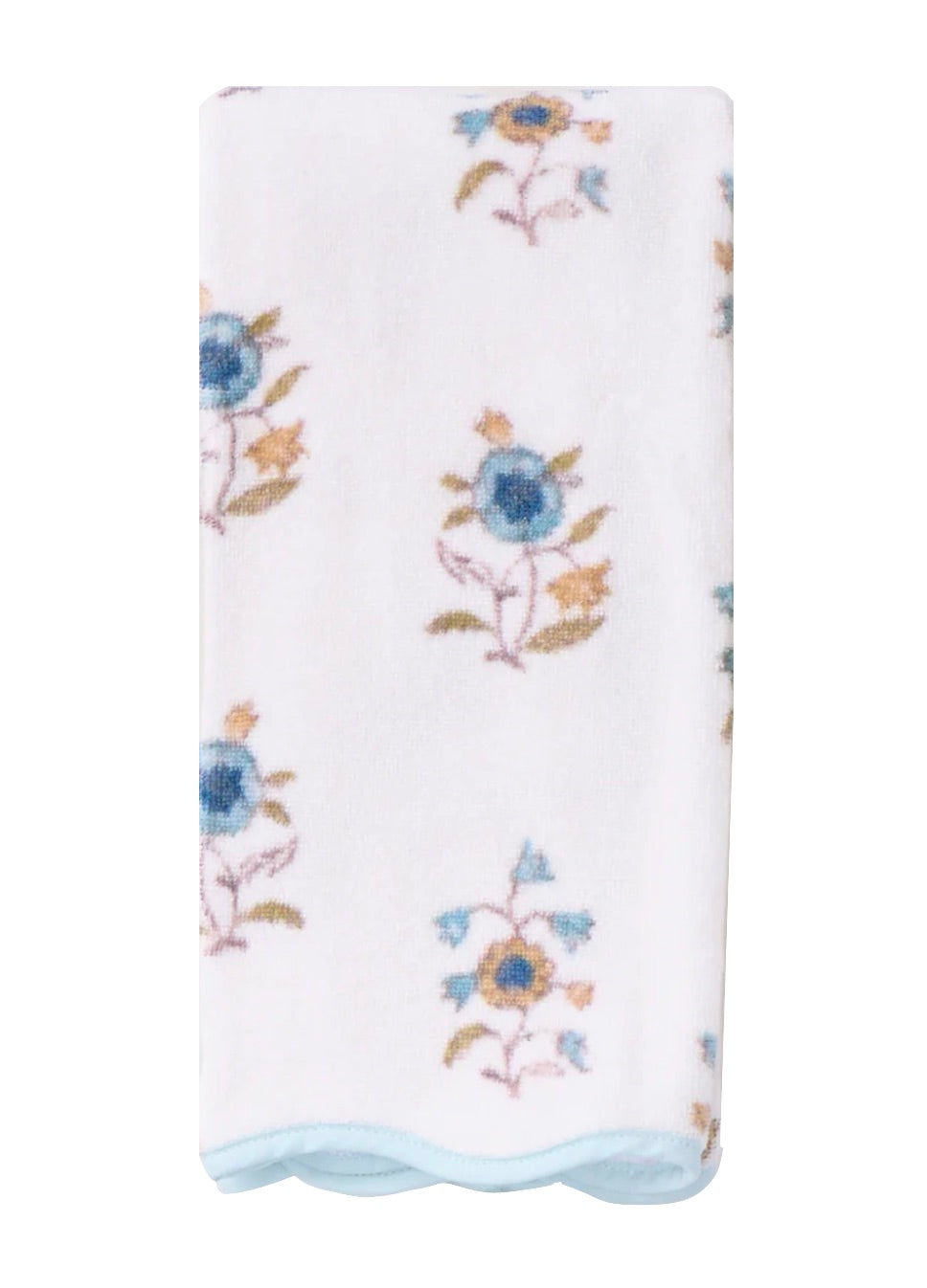 The HIVE Home, Gift and Garden Floral Scallop Cora Towel Collection features a folded white bath towel adorned with blue and yellow flowers for an elegant touch of luxury.