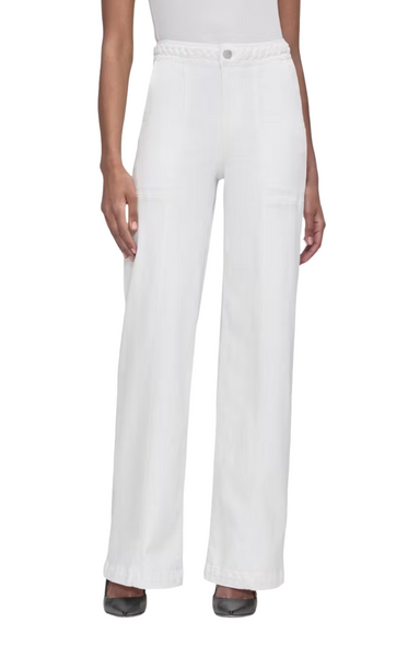 Person wearing Frame Denim Braided Waistband Wide Leg Pant by Frame in white, paired with black shoes.