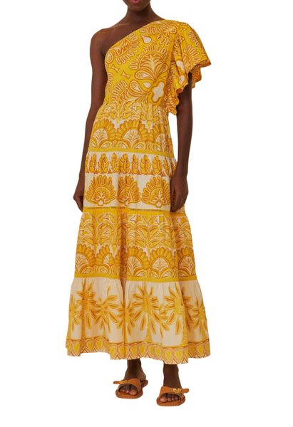 Farm Rio Ainika Tapestry Yellow One Shoulder Maxi Dress