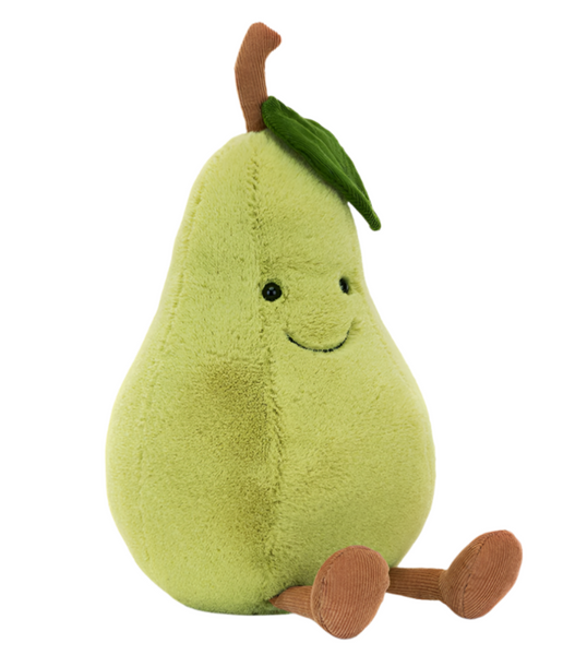 Introducing the Jellycat Amuseables Pear: a plush toy from Jellycat shaped like a green pear with a smiling face, a small brown stem, a green leaf on top, and chocolate cord boots. This adorable pear makes the perfect kitchen mascot!