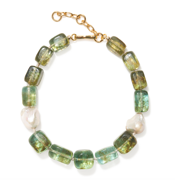 The Lizzie Fortunato Delphine Collar by Lizzie Fortunato is a necklace that features rectangular green and blue semi-transparent glass beads, accented with two irregular white stones, and is connected by a gold-plated brass chain and clasp.