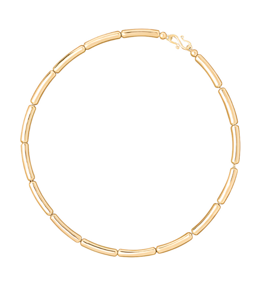 The LIÉ STUDIO Margaret Necklace by Lie Studio is a gold choker made of smooth, elongated rectangular links, fastened by a small sculptural lock clasp.