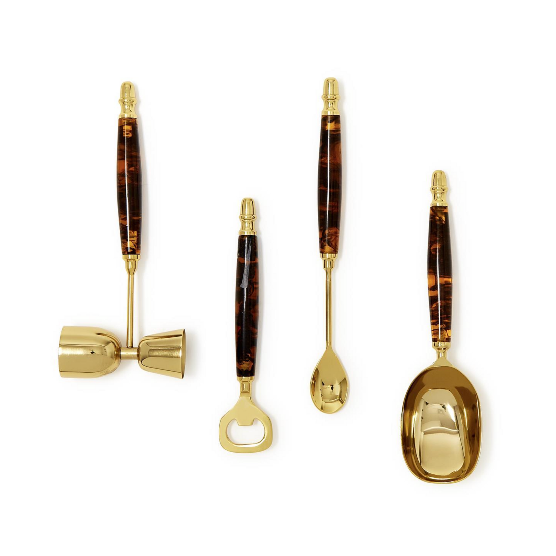 The Two's Company Tortoise Bar Set includes four gold bar tools—jigger, bottle opener, bar spoon, and scoop—with dark tortoiseshell handles, ideal for cocktail lovers wanting to upgrade their home bar.
