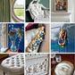 A collage of interior details inspired by Sims Hilditch by Rizzoli: a round window, statue, floral painting, vase with flowers, fabric trim, lion door knocker, tufted ottoman, ornate molding, and a table setting with napkin and ribbon—each element reflecting refined home decor that elevates interior design.