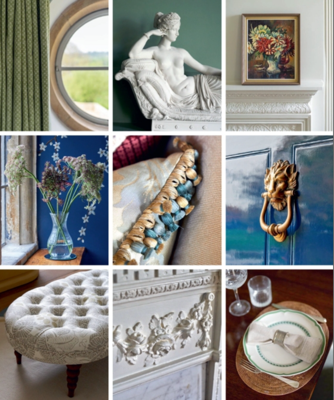 A collage of interior details inspired by Sims Hilditch by Rizzoli: a round window, statue, floral painting, vase with flowers, fabric trim, lion door knocker, tufted ottoman, ornate molding, and a table setting with napkin and ribbon—each element reflecting refined home decor that elevates interior design.