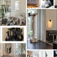 Collage of modern interior spaces featuring abstract sculptures, geometric furniture, unique lighting, and patterned floors in neutral and black tones, inspired by the sophisticated design showcased in Kelly Wearstler Evocative Style by Penguin Random House.