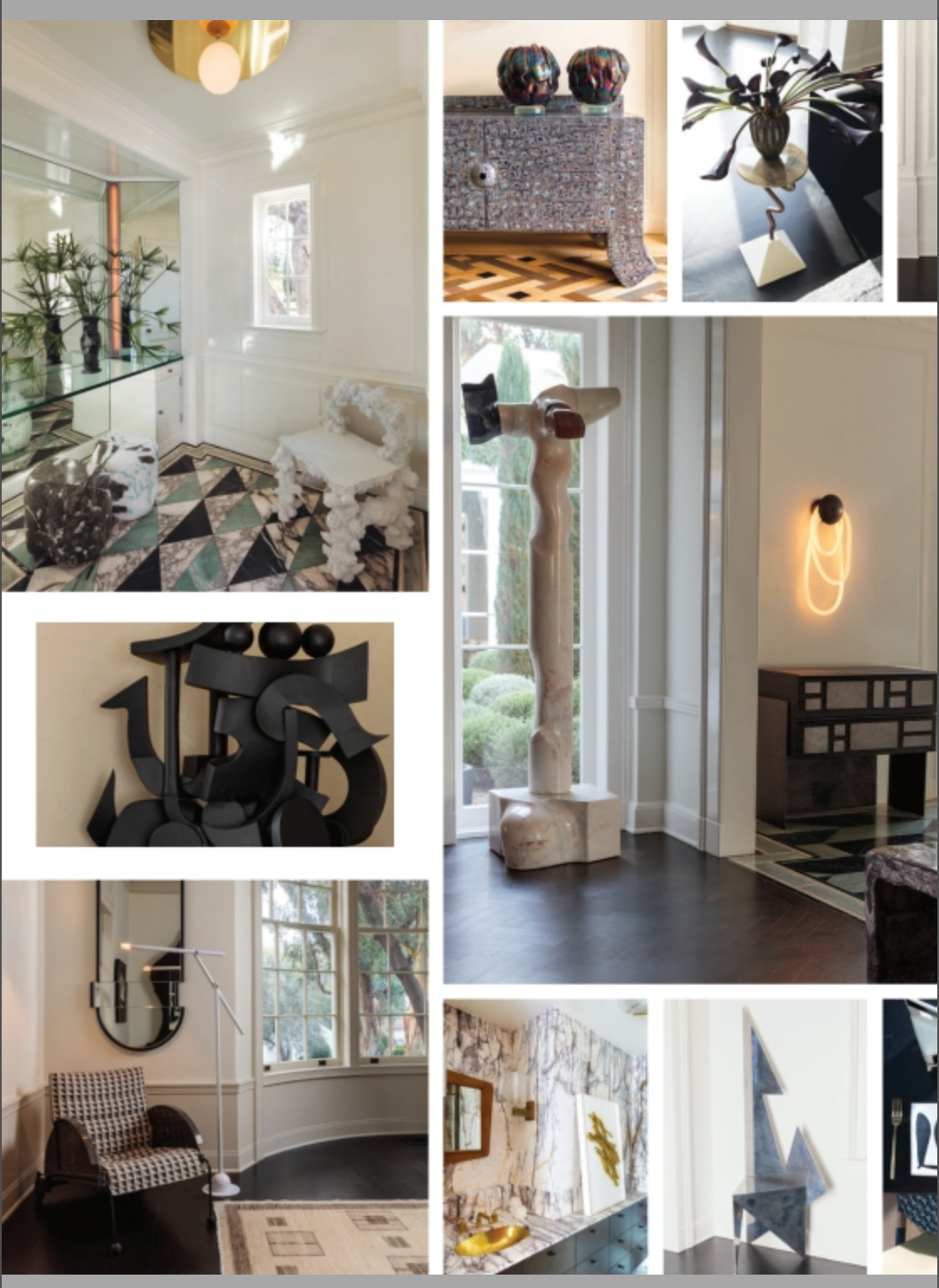 Collage of modern interior spaces featuring abstract sculptures, geometric furniture, unique lighting, and patterned floors in neutral and black tones, inspired by the sophisticated design showcased in Kelly Wearstler Evocative Style by Penguin Random House.